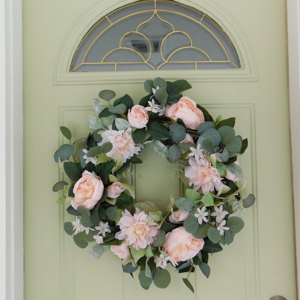 Handmade Cabbage Roses Wreath for Front Door Spring and Summer Housewarming Gift